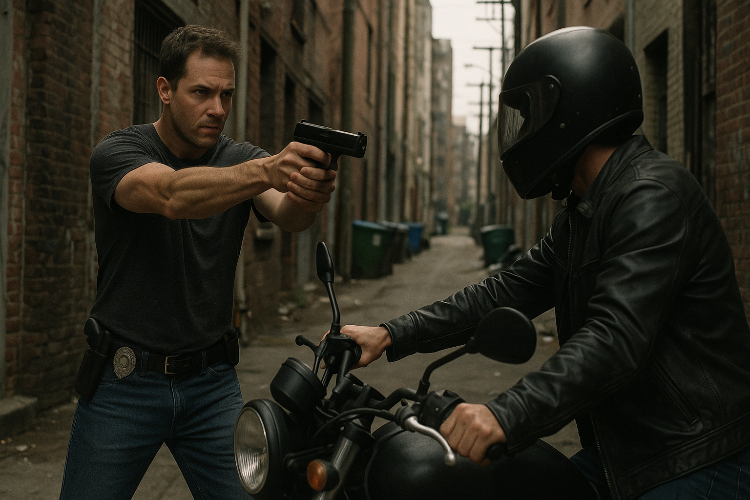 Off-duty police chief pointing gun at motorcyclist in alley