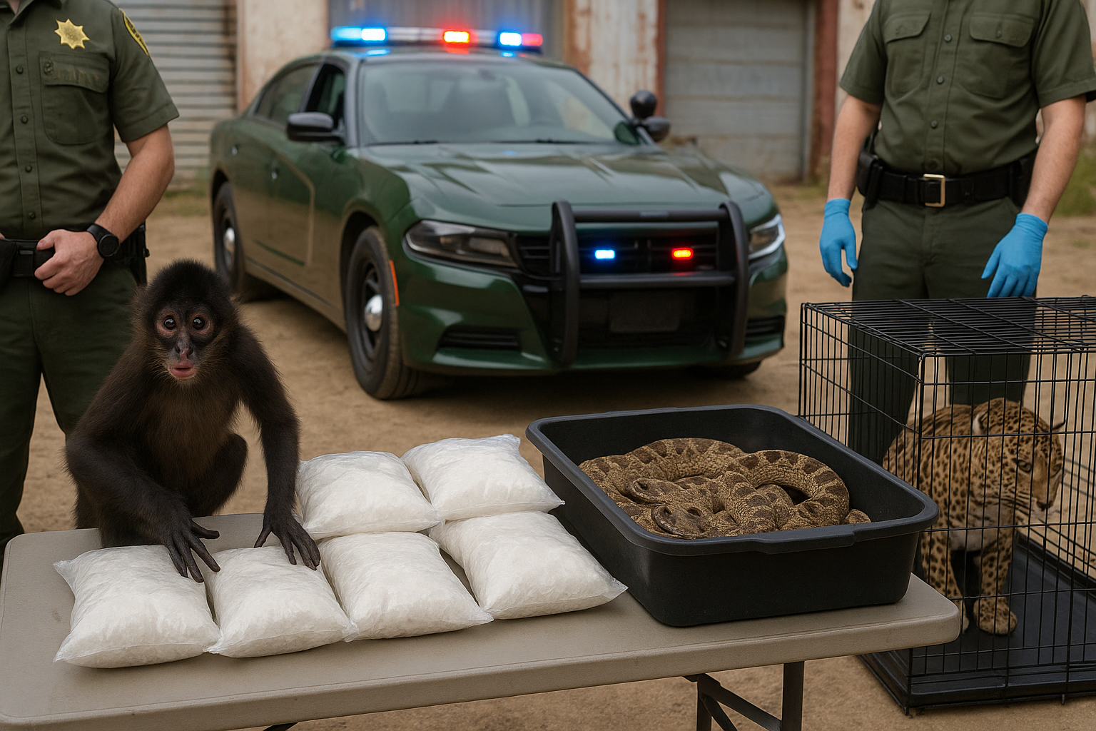 illustration of police finding a baby spider monkey and rattlesnakes during a meth bust