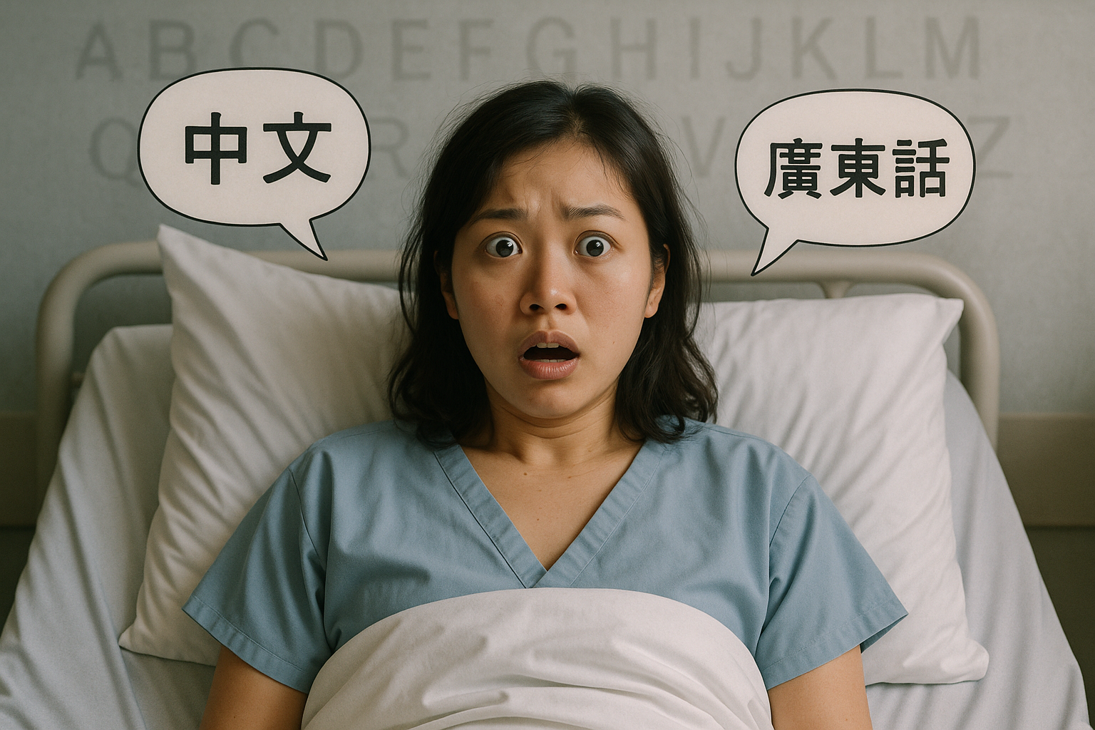 Young Asian woman in hospital bed with speech bubbles in Mandarin and Cantonese, representing sudden language loss