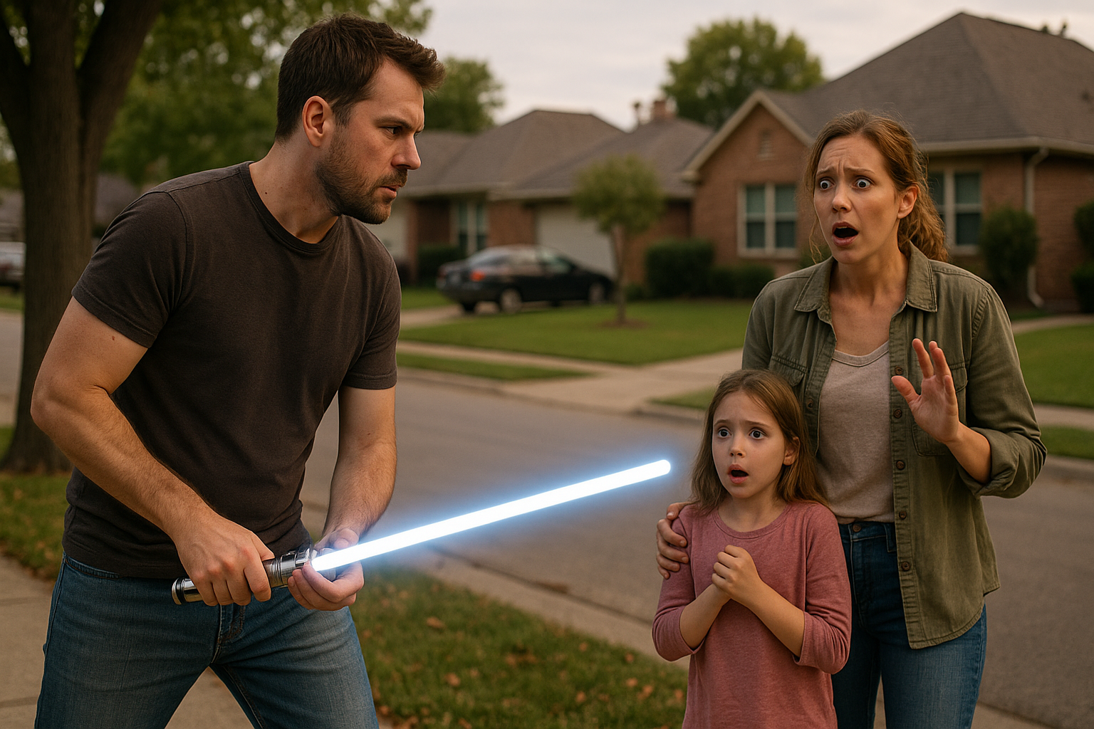 illustration of a man attacking neighbors with a lightsaber in a suburban setting.