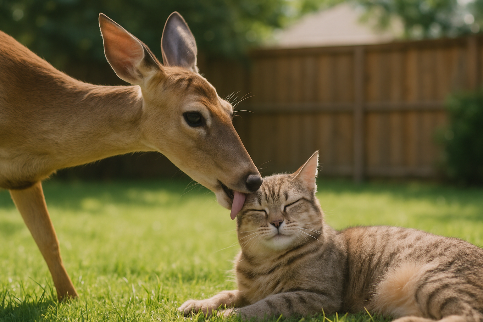 Deer grooming a cat in a backyard