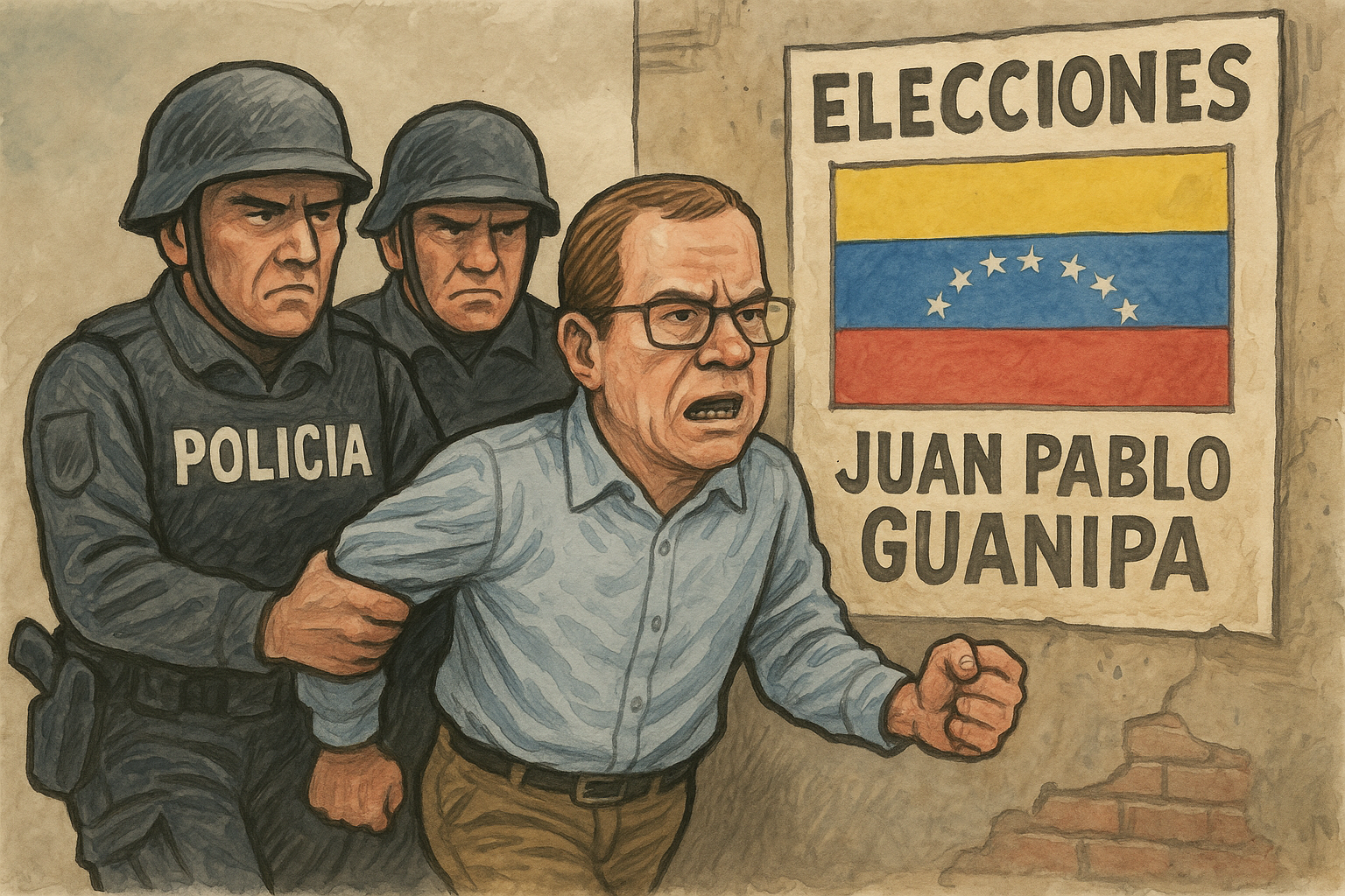 Caricature of Venezuelan opposition leader Juan Pablo Guanipa being arrested before elections.
