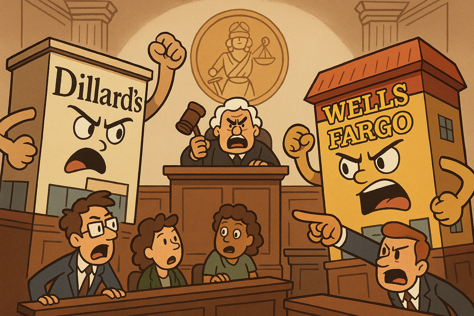 Dillard’s and Wells Fargo depicted as animated characters in a courtroom showdown.