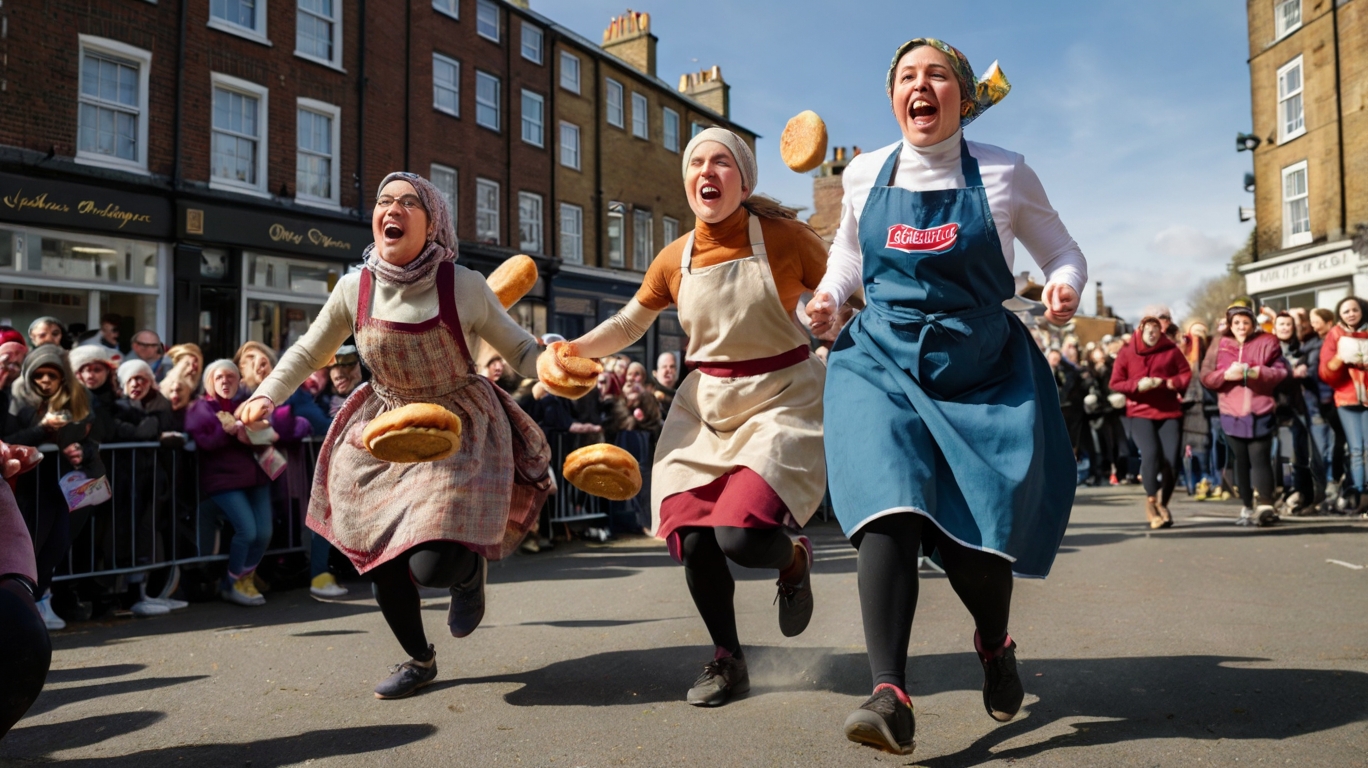 Participants racing while flipping pancakes during a traditional British Pancake Day event.