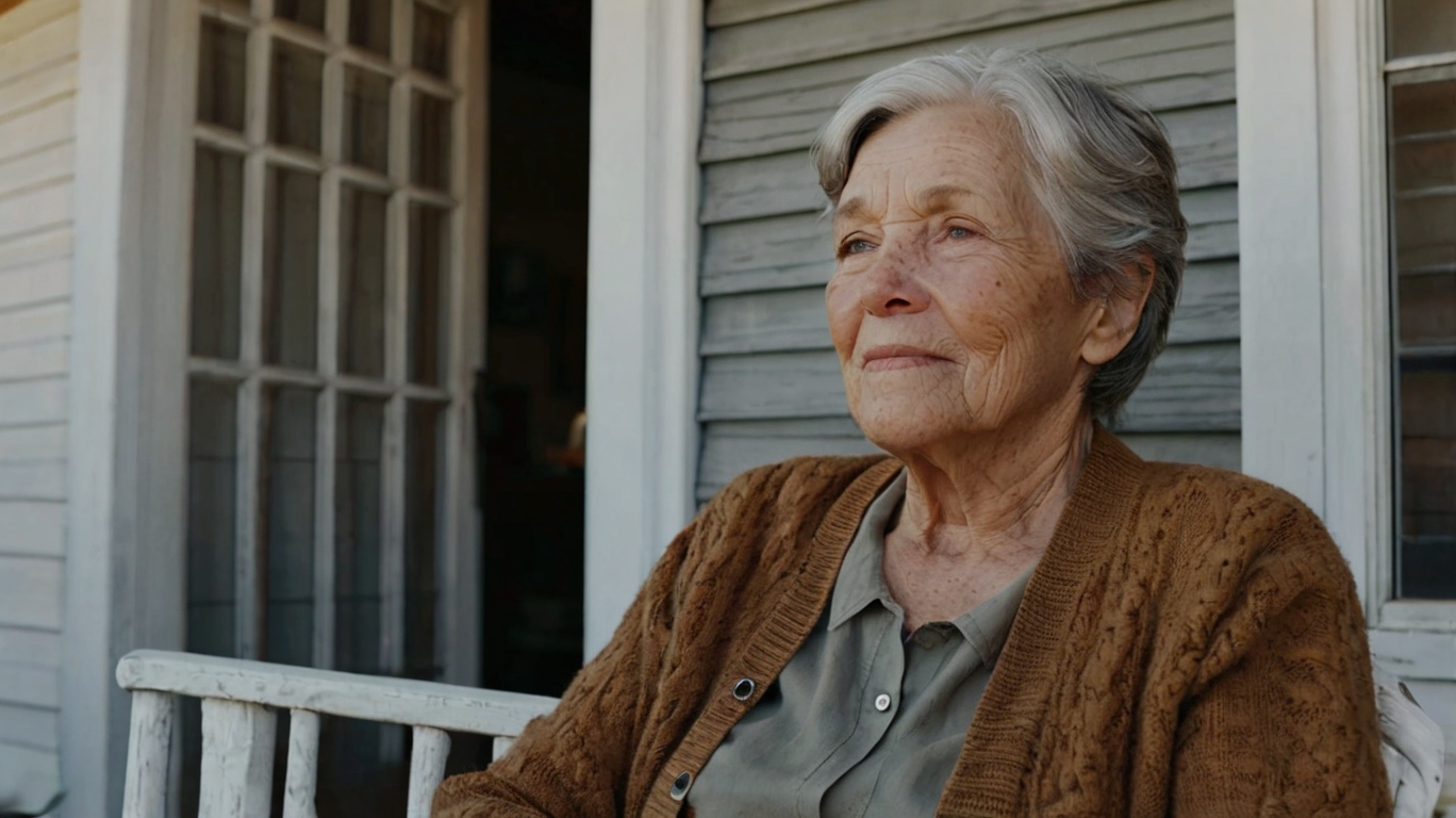 Elderly woman sitting peacefully on a porch in a small town.