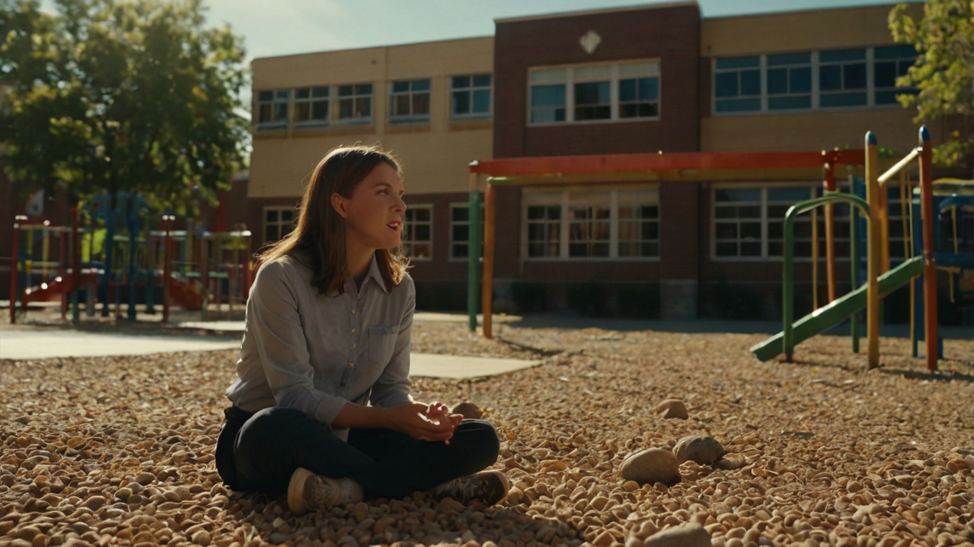 Cartoon depiction of a teacher and student in a playground altercation with pebbles on the ground.