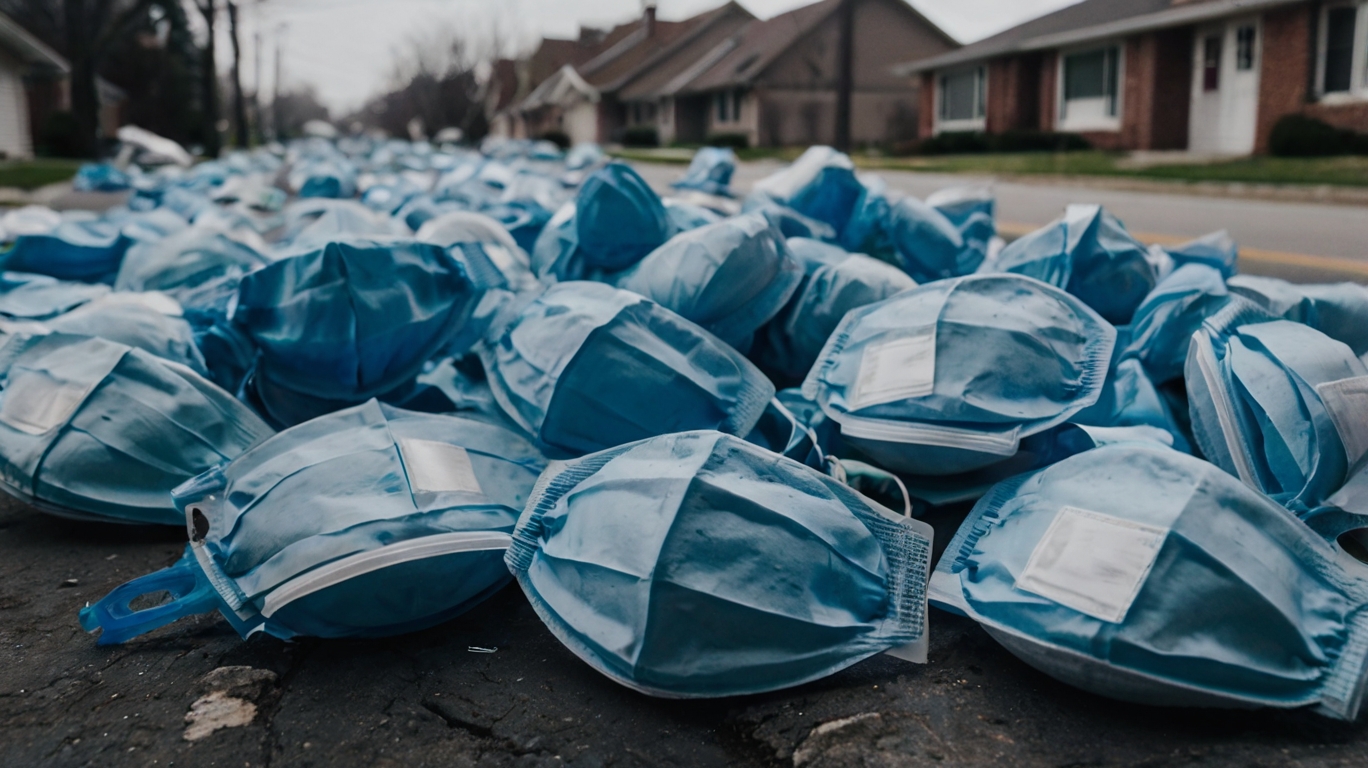 Scattered blue disposable medical masks on the ground