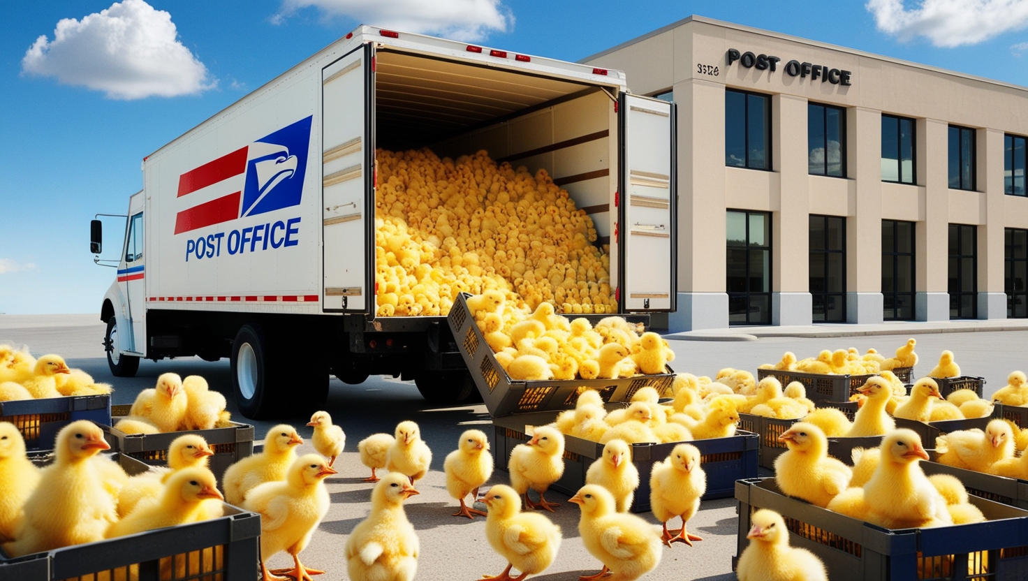 Cartoon-style illustration of baby chicks peeking out of a USPS mail truck.