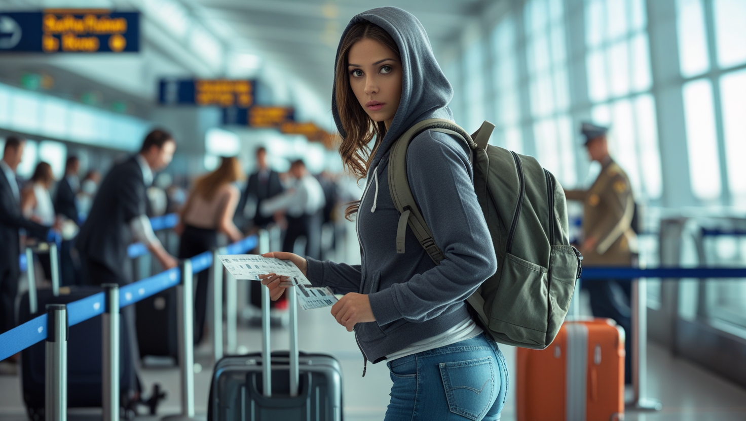 A woman blends in with passengers at an airport gate while sneaking onto an airplane.