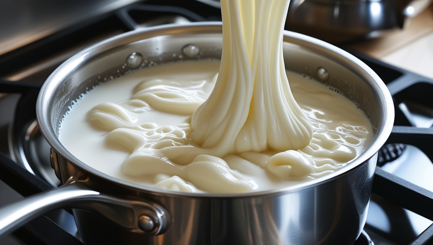 A pot of milk turns rubbery while boiling on a kitchen stove in Ludhiana, India
