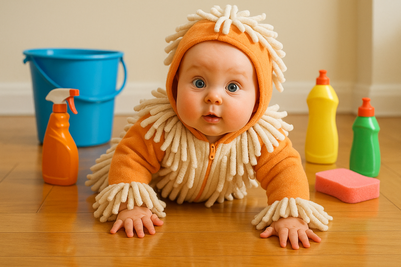 A baby wearing a mop onesie crawling on a wood floor, helping clean as they move.