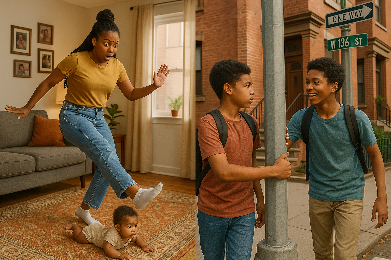 Split scene showing Black Americans practicing superstitions like stepping over a baby and avoiding a light pole.