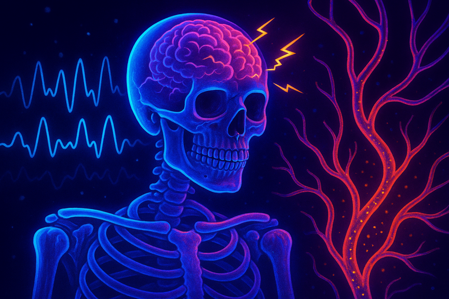 Realistic image of a glowing human skeleton under blacklight in a science lab, with visible bones and brainwave data on a screen.